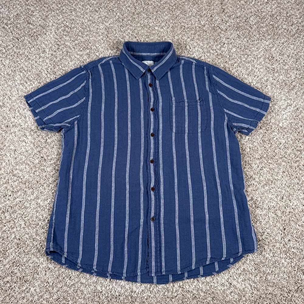 Katin Shirt Mens XL Blue Striped Short Sleeve Button Up Linen Blend Casual